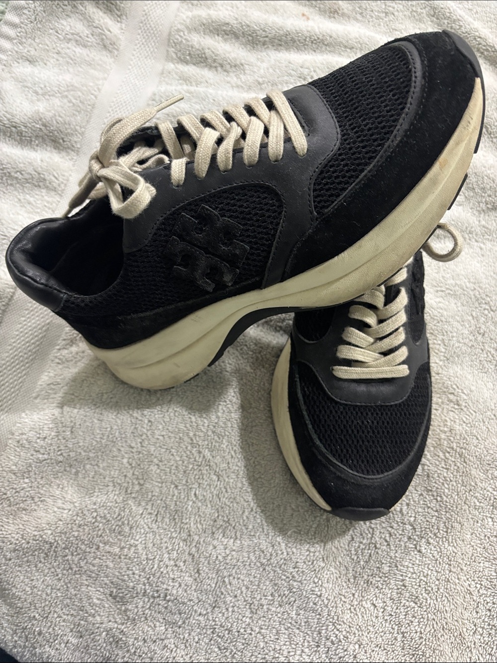 Tory Burch Black Mesh and Suede Platform Sneakers with Cream Accents